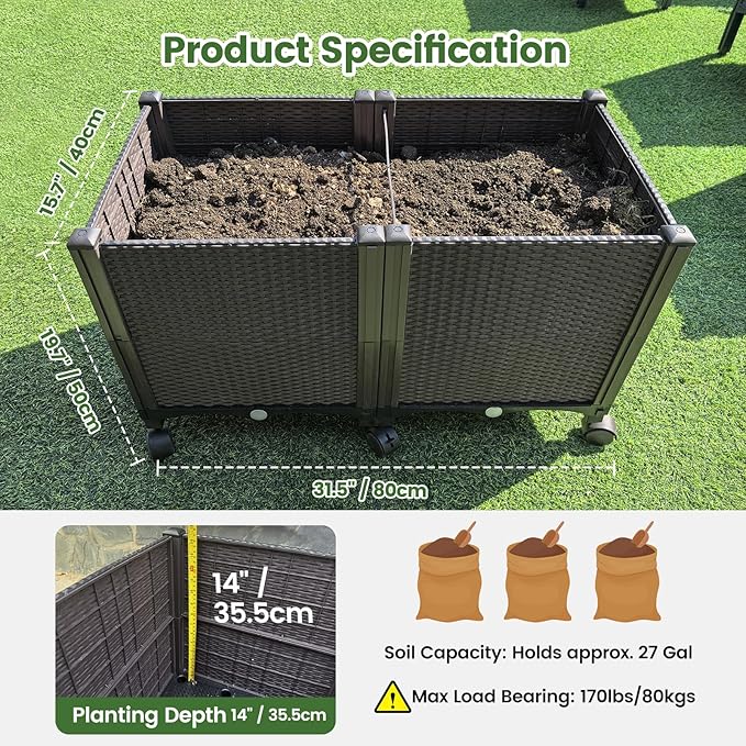 MAYOLIAH Deep Root Raised Garden Bed on Wheels Outdoor Large Plastic Planter Box with Drain Plugs, 31.5x15.7x19.7-inch Brown