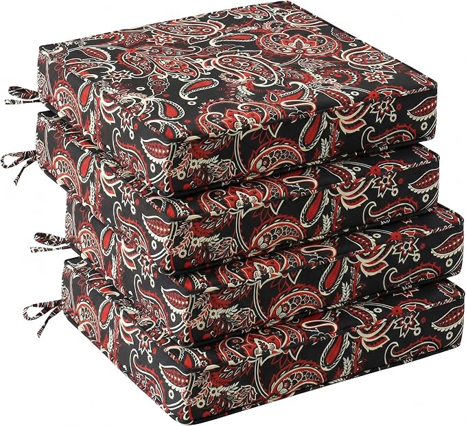 UNIKOME Outdoor Chair Cushions Set of 4, Water Resistant Patio Seat Cushions with Ties for Outdoor Furniture, High-Density Foam, UV & Fade Resistant, Piped Edge – 19" x 19" x 3", Red Paisley Floral