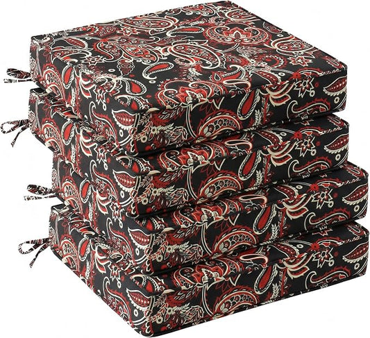 UNIKOME Outdoor Chair Cushions Set of 4, Water Resistant Patio Seat Cushions with Ties for Outdoor Furniture, High-Density Foam, UV & Fade Resistant, Piped Edge – 19" x 19" x 3", Red Paisley Floral