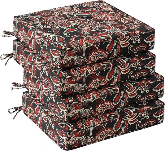 UNIKOME Outdoor Chair Cushions Set of 4, Water Resistant Patio Seat Cushions with Ties for Outdoor Furniture, High-Density Foam, UV & Fade Resistant, Piped Edge – 24" x 24" x 4", Red Paisley Floral