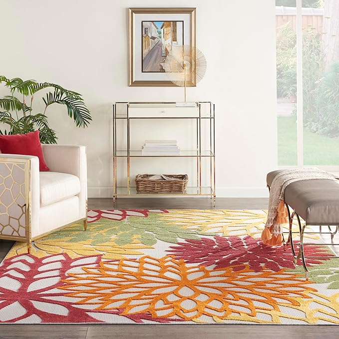 Nourison Home Aloha Indoor/Outdoor Red Multi Colored 9' x 12' Area Rug, Tropical, Botanical, Easy Cleaning, Non Shedding, Bed Room, Living Room, Dining Room, Deck, Backyard, Patio (9x12)