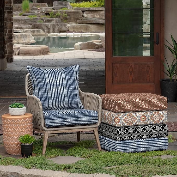 Arden Outdoor Deep Seat Cushion Set (2-Pack), 24 in x 24 in, Weather-Proof, Rain-Proof, Fade Resistant Patio Cushion for Chair, Sofa, and Couch Blue Shibori Stripe