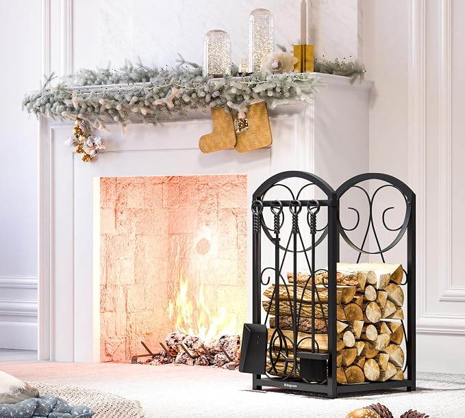 Kingson Firewood Rack Indoor Wood Holders Fireplace Tool Rack Outdoor Log Holder Rack Lumber Storage Stacking Fireplace Tools Set Wood Stove Accessories Black