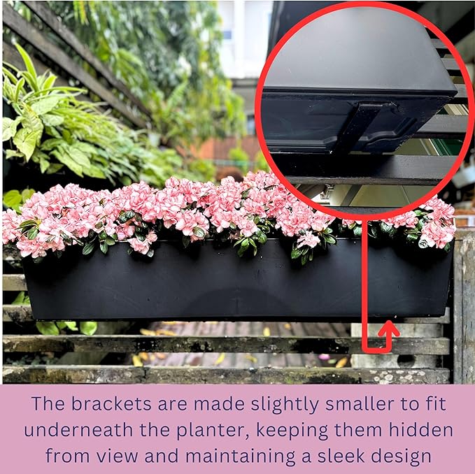 LaLaGreen Rail Planter Boxes for Outdoor (2 Pack, 40") Hanging Flower Pots with Bracket, Black Rectangular Self Watering System Deck Railing Herb Planters Outdoor Plants Container Rail Balcony Fence