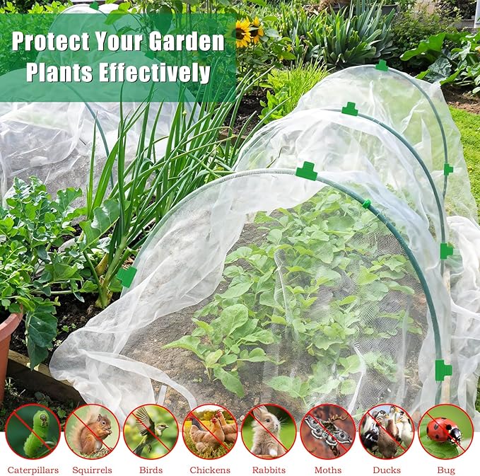 10 X 33 FT Garden Mesh Netting Kit Pest Barrier for Raised Beds, Fruit Tree Netting with 6 Sets Garden Hoops & 12 Clips for Cicadas Bird Insect, Blueberry Bush Netting Cover for Garden Protection