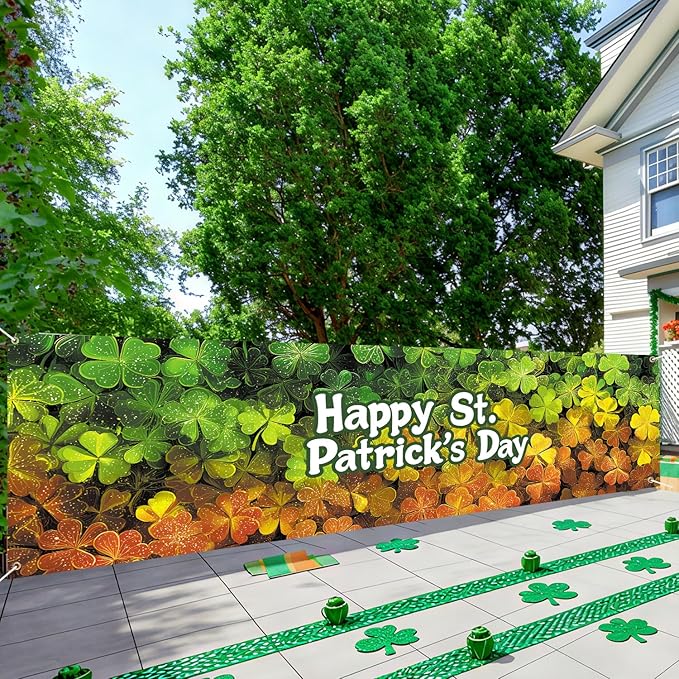 Happy St. Patrick’s Day Fence Banner 118 x 35 Inch, Large Waterproof Outdoor Shamrock Clover Banner for Yard Porch Fence Irish Party Decorations