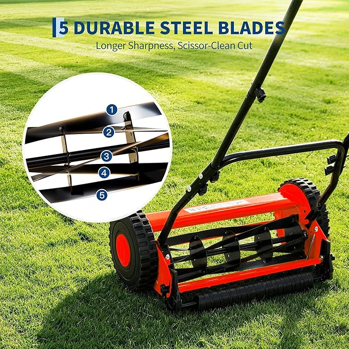 16" 5-Blade Push Reel Lawn Mower, Manual Push Mower with Adjustable Cutting Height, Compact Lawnmower for Small to Medium Yard and Field, Lightweight Hand Reel Push Mower, Red