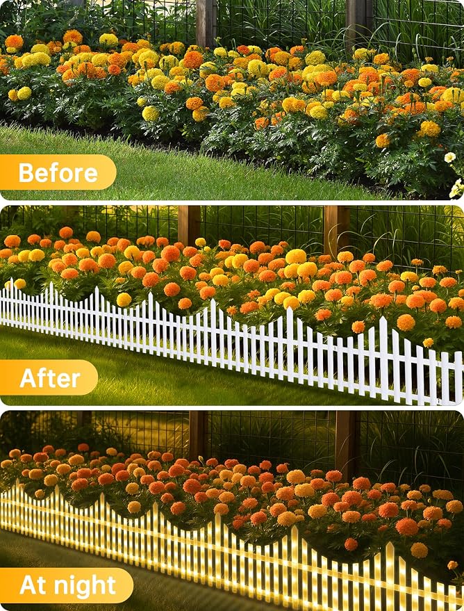 Hopolon 8 Pack White Picket Fence for Garden, 11.1in (H) X 9.1ft (L) Garden Fence Border with 144 Led Solar Lights and Remote, Decorative Mini Pocket Fence for Small Flower Path Tree Yard Pet Barrier