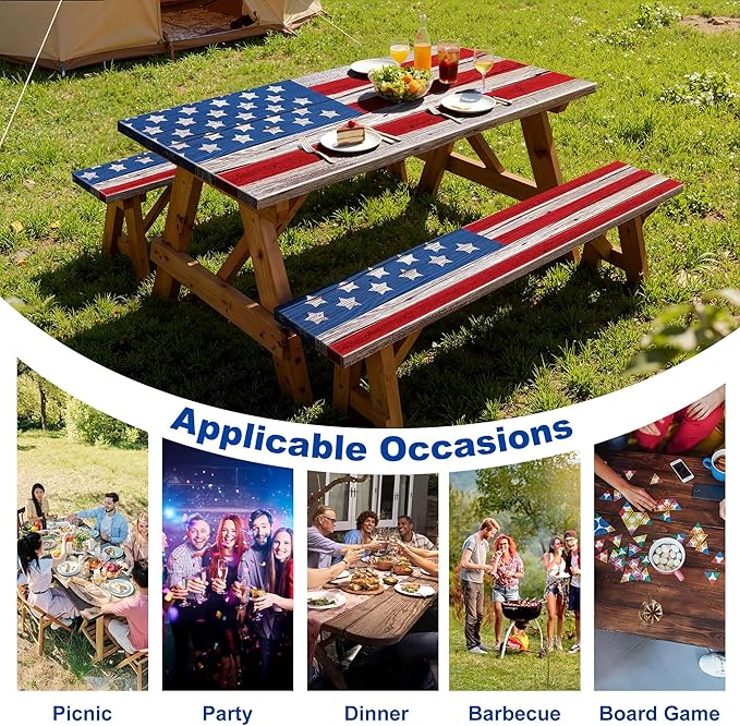 Picnic Table Cover with Bench Covers 6FT,Camping Essentials American Flag Waterproof Windproof Fitted Outdoor Tablecloth with Elastic Rectangle Table Cloth Camping Accessories