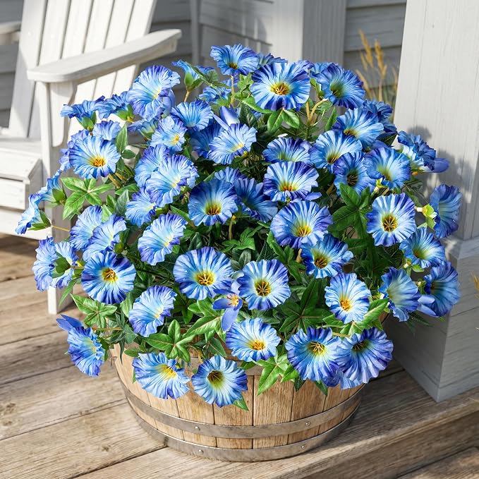 Blue Artificial Morning Glory Flowers for Outdoor Planters, Premium UV Resistant Silk Faux Flowers for Porch, Hanging Basket & Window Box, Lifelike Floral Arrangement, No Pot 13.3“ 8 Bundles
