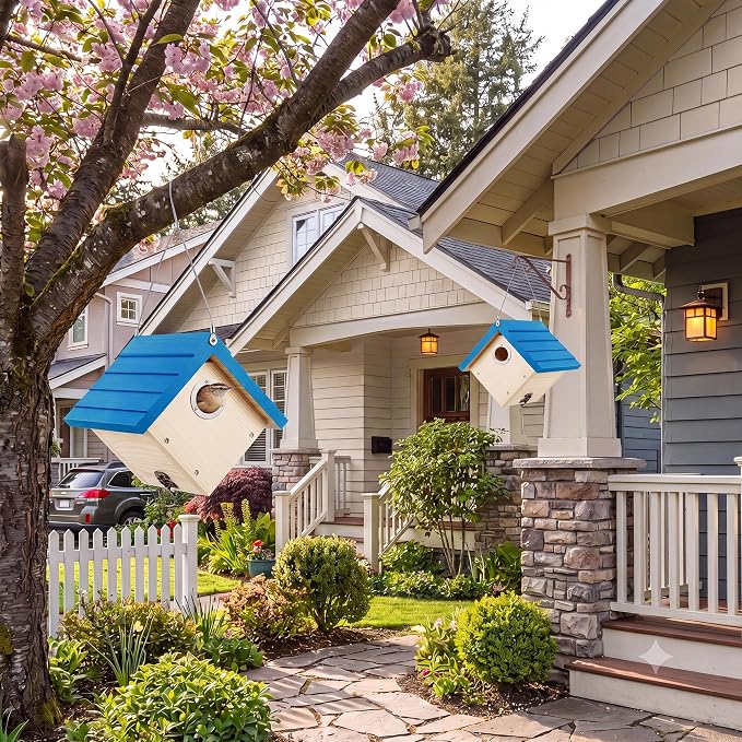 Dreyoo 2 Pack Wren House, 1-1/8'' Entrance Hole Hanging Wooden Wren Bird Houses for Outside with Metal Guard, Air Vents, Pine Wood for Chickadees (Blue,Wood Color)