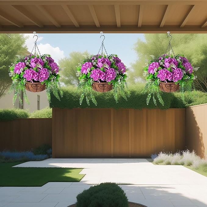 Ammyoo Artificial Flowers in Hanging Basket Planter for Home Spring Summer Decoration, Silk Hydrangea Outdoor Indoor Arrangements, 12" Metal Coconut Lining Basket with Faux Plant(Purple)