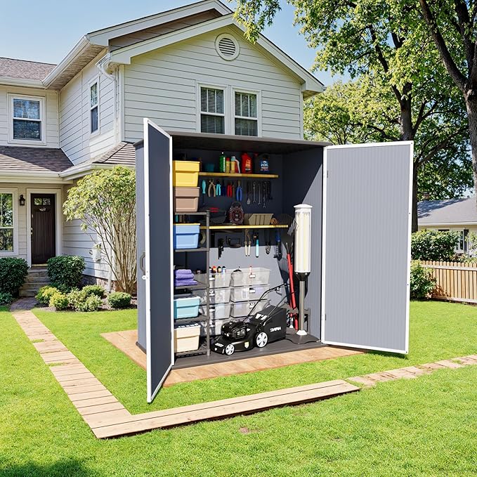Greesum 5X3FT Plastic Storage Shed with Floor, Resin Outdoor Storaged Shed with Lockable Door, Easy Assembly All-Weather Tool Sheds for Garden, Backyard, Patio, Dark Gray (4.7×2.5FT)