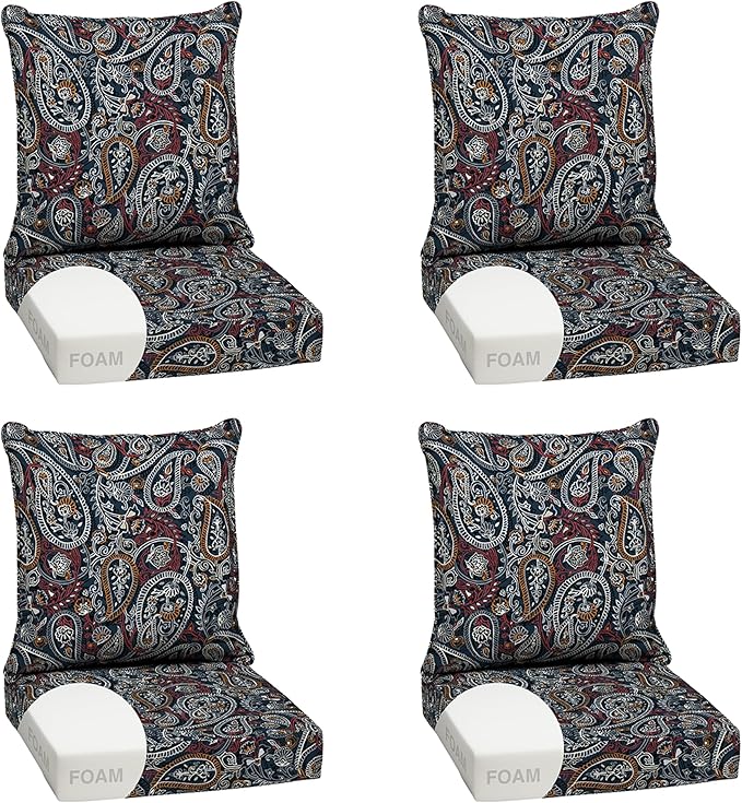 Arden Outdoor Foam Deep Seat Cushion Set (4-Pack), 24x24, Premium High-Density Foam, Never Flattens, Weather-Proof for Patio Chair Sofa Couch, Navy Palmira Paisley