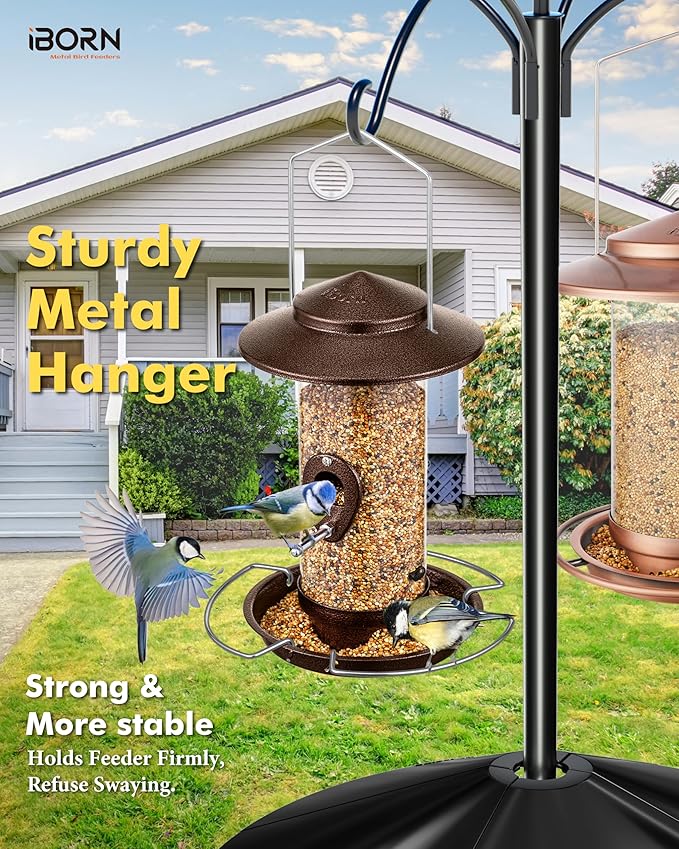 iBorn Bird Feeder Squirrel-Chew Proof Metal Hanging Birds Feeder Bird Feeders for Outdoors Hanging Outside for Cardinal, 3 Perches with 2 Feeding Ports, Brushed Coffee (Seed is not Included)