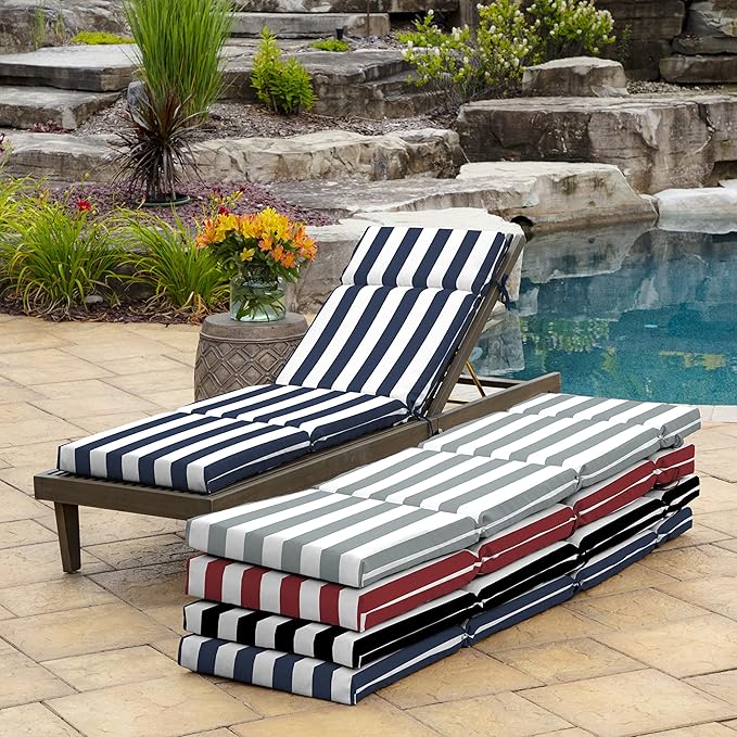 Arden Outdoor Chaise Cushion, 21 in x 72 in, Weather-Proof, Rain-Proof, Fade Resistant Patio Cushion for Chaise Lounger Sapphire Blue Cabana Stripe