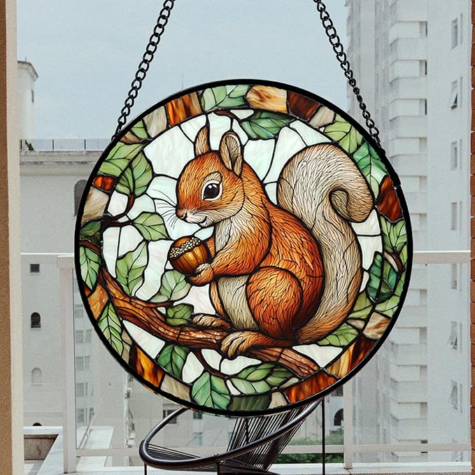 DASTOLL Stained Glass Window Hanging, Squirrel on a Branch Suncatcher Diamond Glass Panel Animal Sun Catchers Decor for Birthday for Women, Men, Wife, Aunt, and Mom 14.9x14.9 in