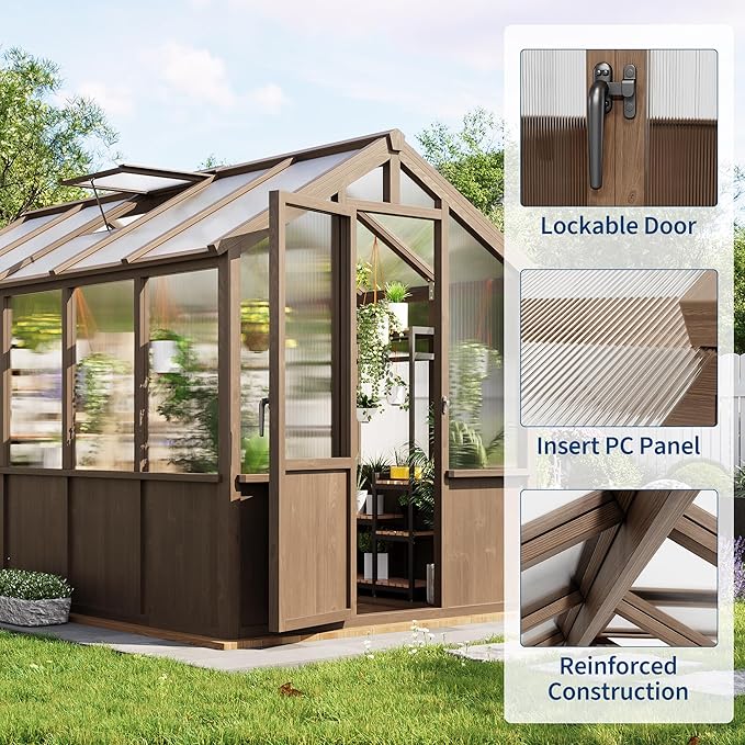 6x10 FT Greenhouse - Large Wooden Greenhouses for Outdoors, Heavy Duty Spruce Frame Greenhouse with PC Panels, Adjustable Roof Vents & Lockable Door, Walk-in Green Houses for Garden, Backyard, Patio