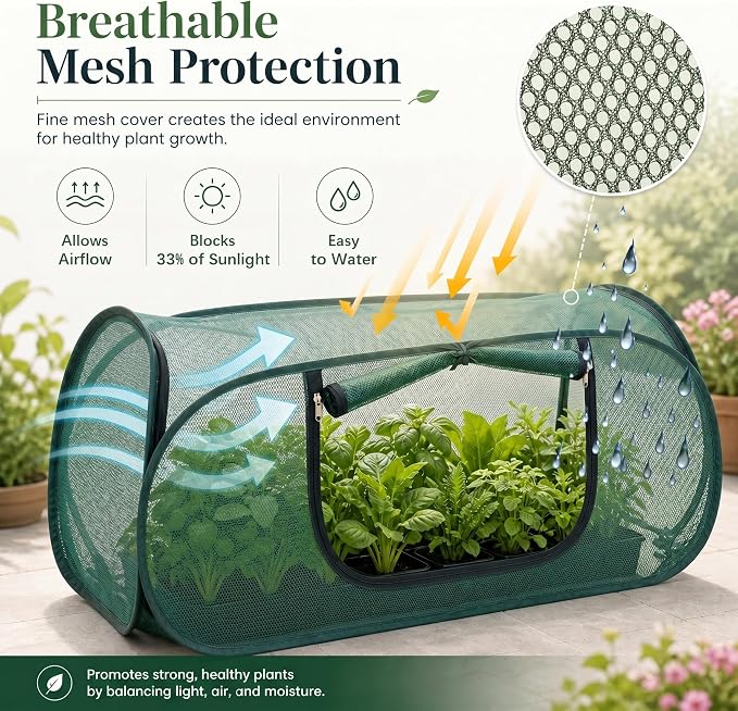 Pop Up Mesh Plant Cover for Outdoors, 33% Sunblock Garden Covers for Raised Beds, Breathable Garden Netting for Raised Beds with 4 Stakes (44 x 22 x 17.5 in)-Green/1