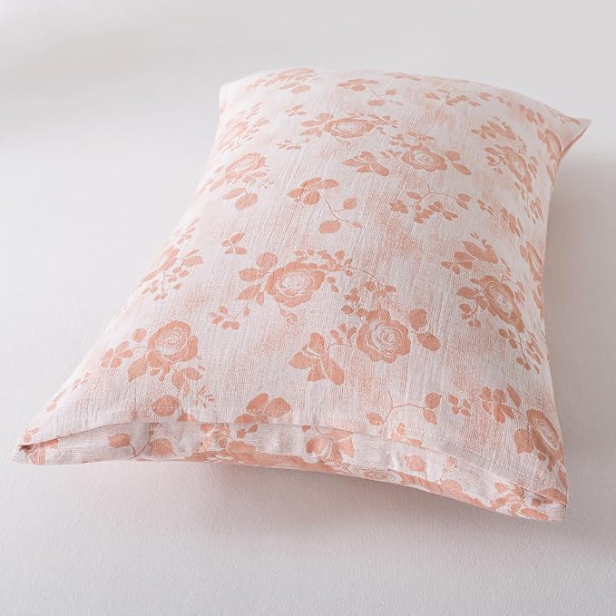 FADFAY Queen Sheets Set 100% Cotton Washed Double Gauze Muslin Bedding 4Pcs Vintage Coral Rose Floral Sheets Shabby Farmhouse Bedding Luxury Super Soft Breathable Deep Pocket Fitted Sheet, Queen Size