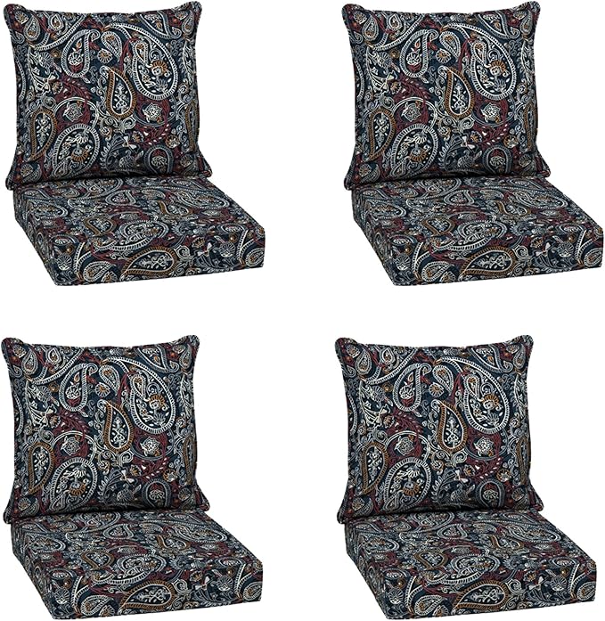 Arden Outdoor Deep Seat Cushion Set (4-Pack), 24 in x 24 in, Weather-Proof, Rain-Proof, Fade Resistant Patio Cushion for Chair, Sofa, and Couch Navy Palmira Paisley