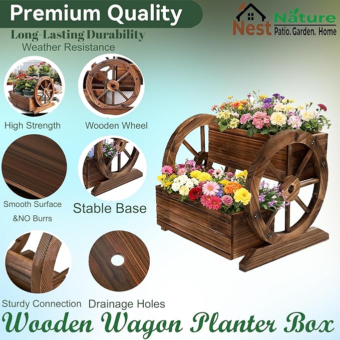 2 Tier Classic Wooden Wagon Planter Box|Outdoor Planter/Flower Pot for Indoor&Outdoor Plants-Rustic Garden Planter for Patio,Porch&Garden Decor- Raised Garden Bed for Succulents,Herbs,Vegetables