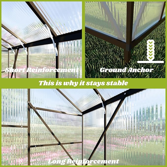 8x14 FT Greenhouse for Outdoors, Polycarbonate Greenhouse with Quick Setup Structure and Roof Vent, Aluminum Large Walk-in Green House for Outside Garden Backyard, Dark Gray