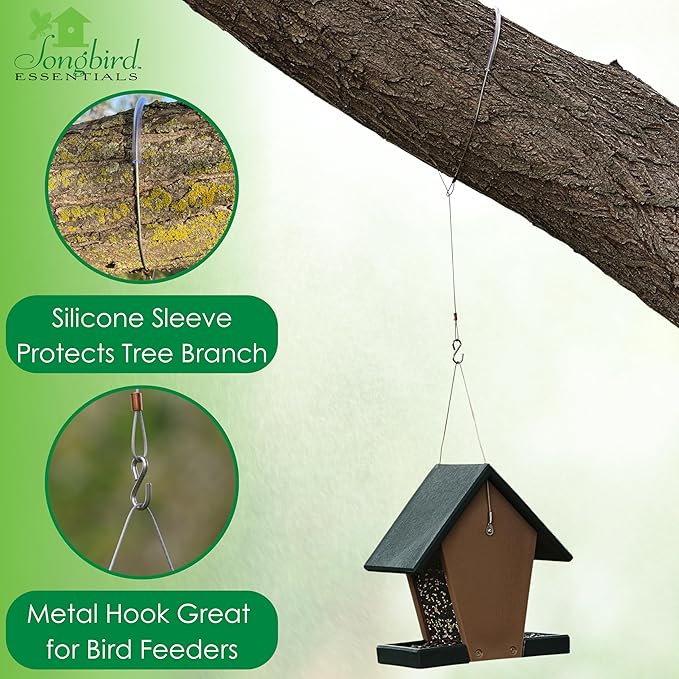 Songbird Essentials Hanging Cable Tree Limb Protector with S Hook - Steel Cable with Silicone Sleeve - Protects Tree Limbs from Heavy Bird Feeders and Decorations - 36 Inch Cable