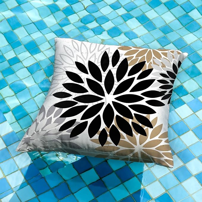 DFXSZ Black Brown Outdoor Pillow Covers 16x16 Inch Set of 2 White Gray Flower Throw Pillows Farmhouse Outdoor Modern Floral Polyester Square Cushion Case Decor for Patio Funiture Garden 002B16