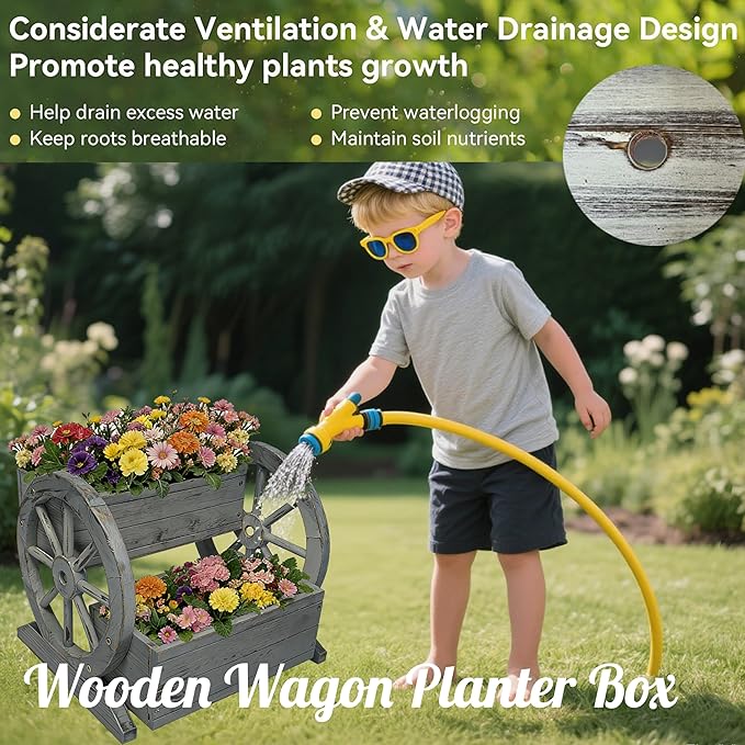 2 Tier Classic Wooden Wagon Planter Box|Outdoor Planter/Flower Pot for Indoor&Outdoor Plants-Rustic Garden Planter for Patio,Porch&Garden Decor-Raised Garden Bed for Succulents,Herbs,Vegetables