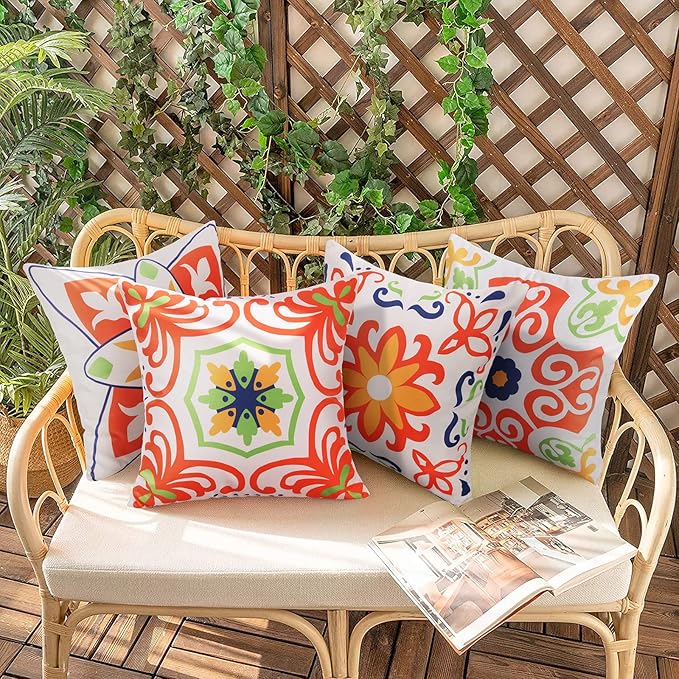 Pyonic Outdoor Waterproof Throw Pillow Covers for Patio Furniture Decorative Boho Pillow Covers 20x20 Floral Printed for Patio Tent Couch Garden Set of 4,Orange