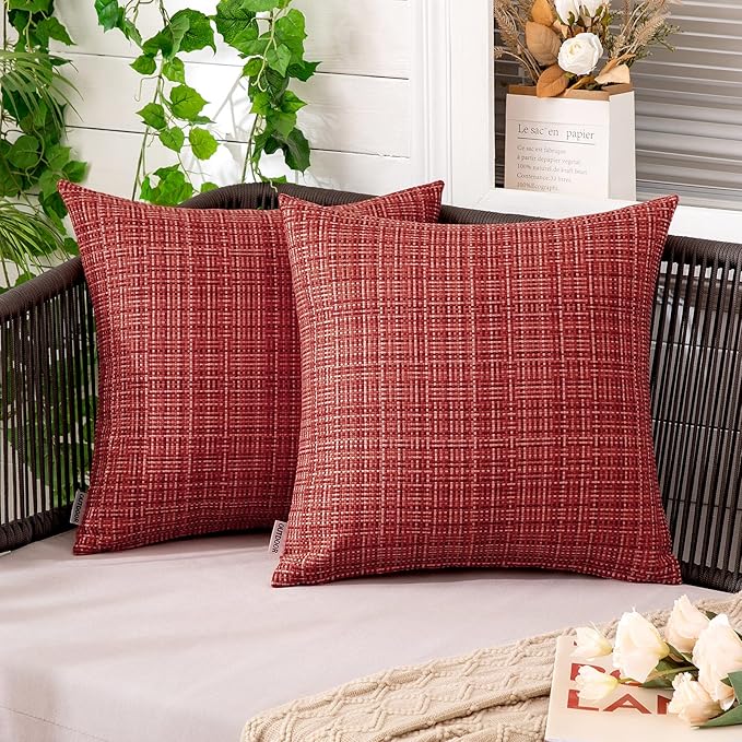 MIULEE Outdoor Waterproof Throw Pillow Covers Decorative Farmhouse Water Resistant Cushion Covers for Tent Patio Garden Couch Sofa Pack of 2, 16x16 Inch Red