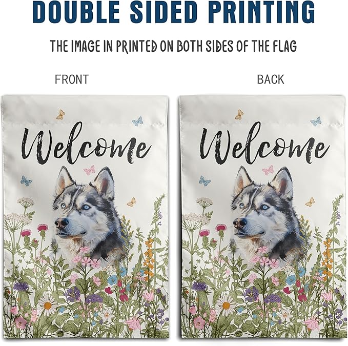 Floral Husky Terrier Garden Flag Spring Summer House Flags 28 x 40 Double Sided Flower Dog Yard Flags for Outside Large Outdoor Welcome Flags