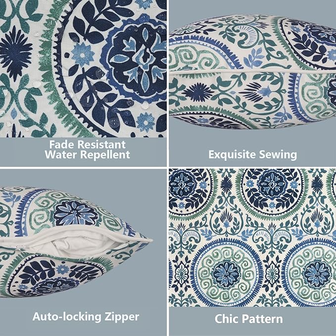 LVTXIII 2 Pack Outdoor Lumbar Pillow Covers 12x20 Inch with Piping, Water-Repellent Back Cushion Covers ONLY for Patio Furniture, Sofa, Garden Bench, Coastal Medallion