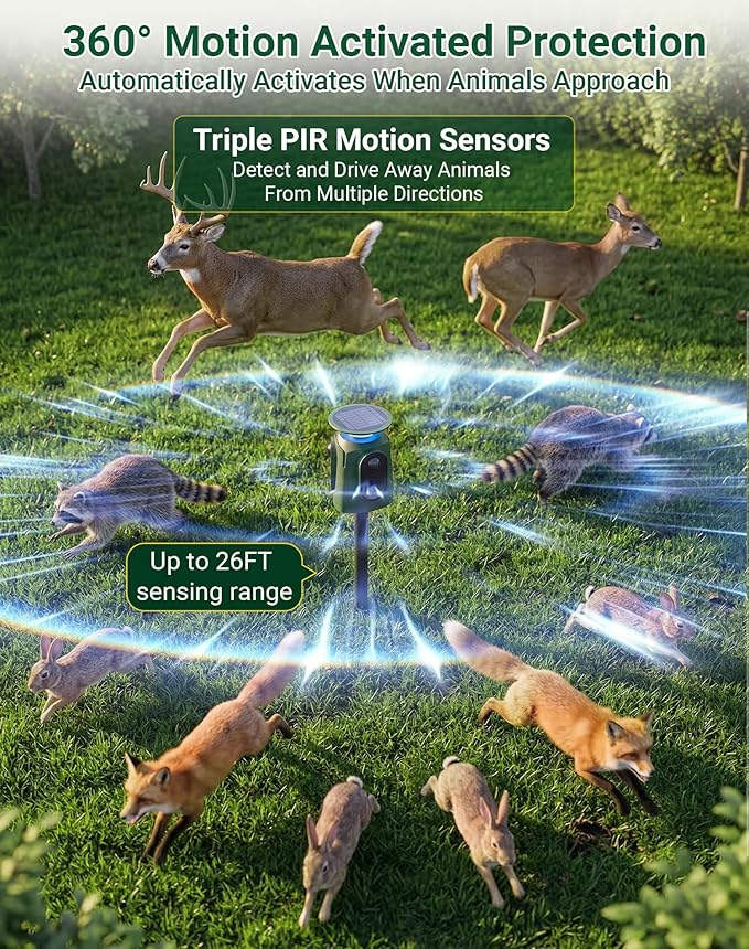2 Pack 360° Solar Deer Repellent Devices, Ultrasonic Animal Repeller with Motion Sensor & LED Lights, Waterproof Cat Repellent Outdoor, Repel Dog, Raccoon & Coyote Out of Garden - USB Rechargeable