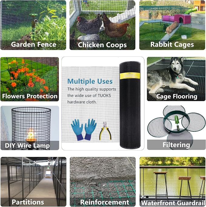 Black Hardware Cloth 1/2 inch 24 x 100ft 19 Gauge PVC Coated Wire Mesh Roll Welded Wire Fence Roll Poultry Netting Snake Fence Rabbit Cages Rodent Wire Chicken Wire Fencing Gopher Wire Cloth