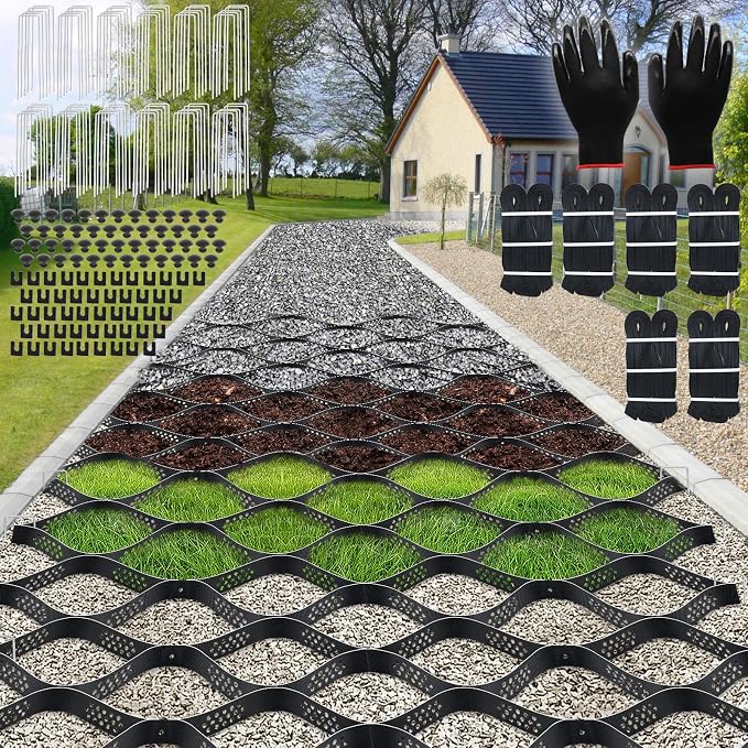 Gravel Grid 100ft X 4ft, 2'' Depth Gravel Stabilizer Grid for Pavers Base, Geogrid 1900 Lbs/Sq Ft Load with 120 Geocell Accessories & Gloves for Driveway Parking Ground Walkway Dirt Locker Slope