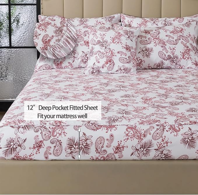 FADFAY Twin XL College Bedding Red Paisley Sheets Extra Long Dorm Room Essential Bedding 100% Egyptian Cotton Soft Breathable Sheets Exotic Tropical Floral French Country Vintage Farmhouse Sheet 4Pcs