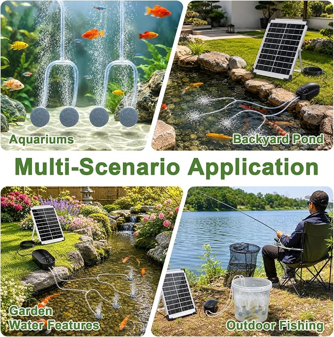15W Solar Pond Aerator, Solar Air Pump with 3 Working Modes, 22H/55H/110H Long Runtime, Dual Air Outlets Quiet Solar Aerators for Pond, Fish Tank, Hydroponics