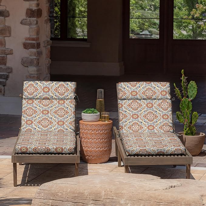 Arden Outdoor Chaise Cushion, 21 in x 72 in, Weather-Proof, Rain-Proof, Fade Resistant Patio Cushion for Chaise Lounger Global Vintage Medallion