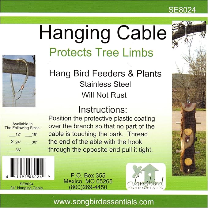 Songbird Essentials Hanging Cable Tree Limb Protector with S Hook - Steel Cable with Silicone Sleeve - Protects Tree Limbs from Heavy Bird Feeders and Decorations - 24 Inch Cable