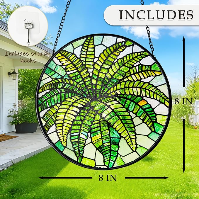Plant Suncatcher Glass, Stained Glass Suncatcher Plant Window Hanging, Unique Nature Lover Gifts Leaf (Green Fern)