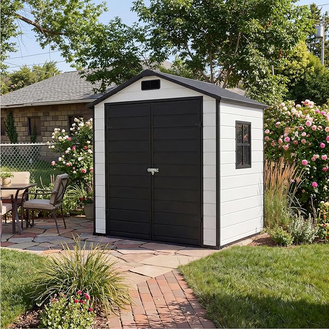Resin Outdoor Storage Sheds 4x6 ft, Upgraded Double-Wall Outdoor Plastic Shed with Window & Double Doors, Waterproof Lockable Garden Shed (Grayish White + Black, 6 X 4 ft)
