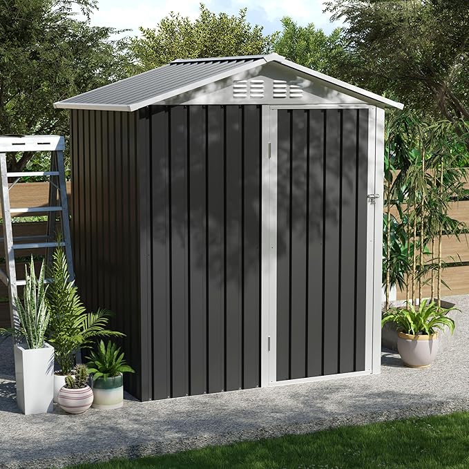 YOPTO 5.4x4.27 FT Outdoor Storage Shed, Metal Garden Tool Shed with Sloping Roof and Lockable Doors for Backyard Garden Patio Lawn, Grey