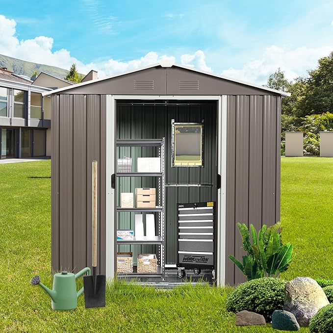YOPTO 8 x 4 FT Outdoor Storage Shed, Large Metal Utility Garden Shed with Sliding Doors Sliding Doors, Waterproof Sloping Roof, Air Vents, Tool Storage House for Backyard Lawn, Gray