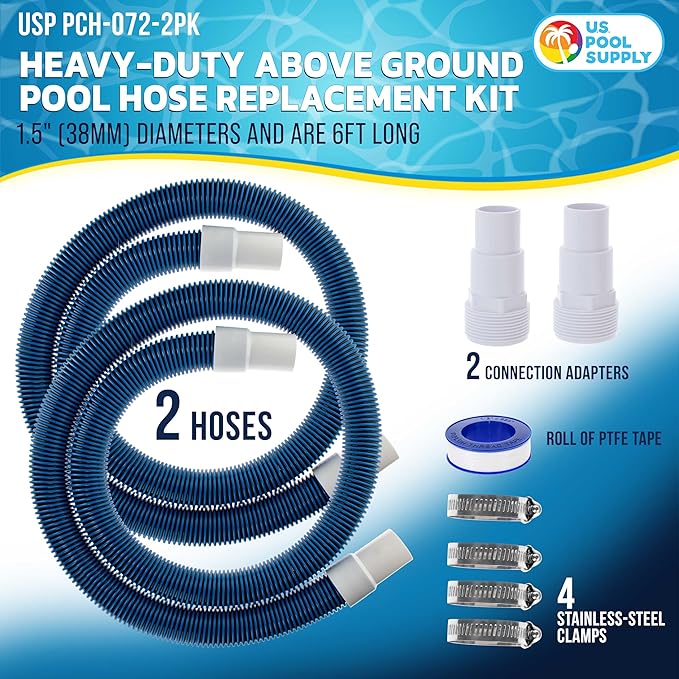 U.S. Pool Supply 1.5" Heavy-Duty Above Ground Pool Hose Replacement Kit - 2 Durable 6 Foot Hoses, 2 Connection Adapters, 4 Clamps - Compatible with Intex Pool Filter Pumps