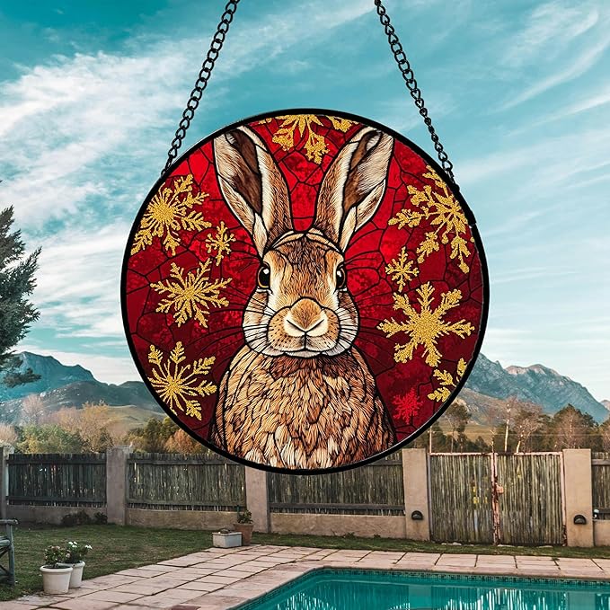 DASTOLL Stained Glass Window Hanging 4 Pcs Set Red Golden Snowflakes Large 11.8" - Christmas Elk Rabbit Suncatcher Door Garden Sun Catcher Decor Birthday for Mom Woman Nana Men