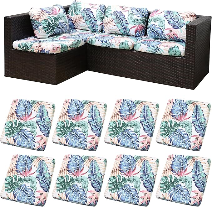 8Pcs Patio Cushion Covers,Outdoor Cushions Covers,Stretch Cushion Covers Replacement, Washable and Reusable Furniture Protectors(Tropical Flair)