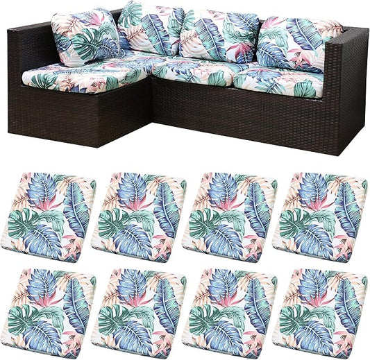 8Pcs Patio Cushion Covers,Outdoor Cushions Covers,Stretch Cushion Covers Replacement, Washable and Reusable Furniture Protectors(Tropical Flair)