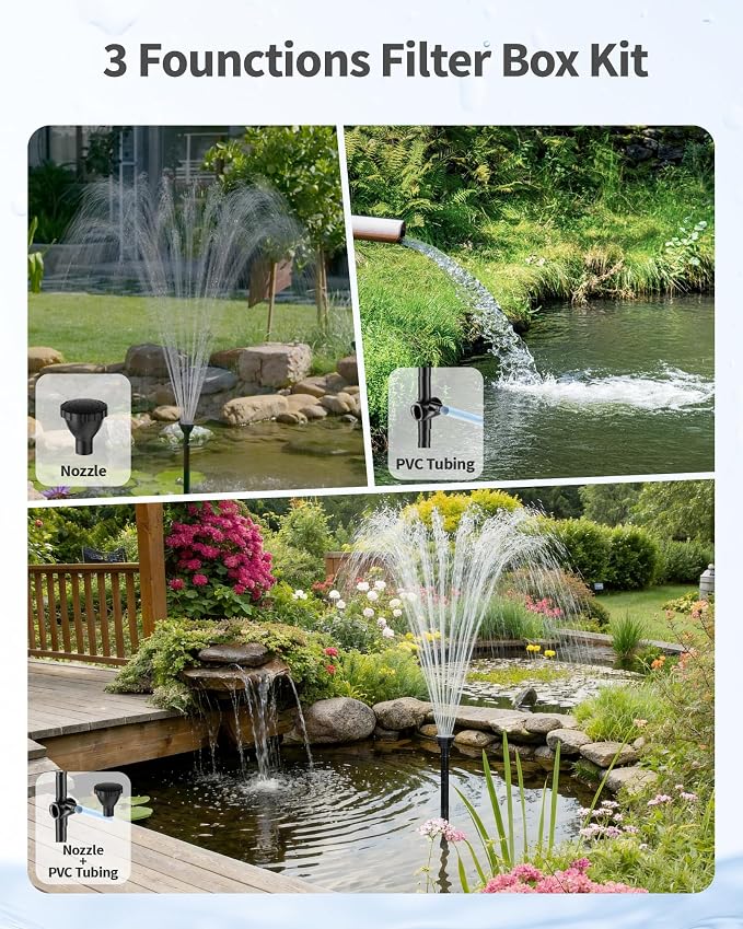 POPOSOAP Pond Filter with Fountain Kits Built-in U-V Clarifier, 660GPH Pond Pump Filter with RGB LED Lights & Remote Controller Light Timer, Pond Filters for Outdoor Ponds Clean, Clear P2300D